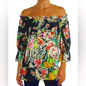 🌸 Ralph Lauren Boho Chic Sz Small Petite Floral Off-Shoulder 3/4 Sleeve Blouse